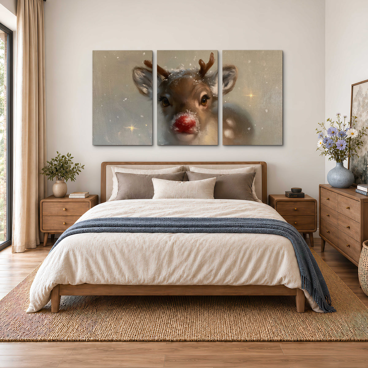 A young reindeer with a bright red nose surrounded by soft snowflakes and tiny painted stars 3 piece canvas wall art styled in an interior