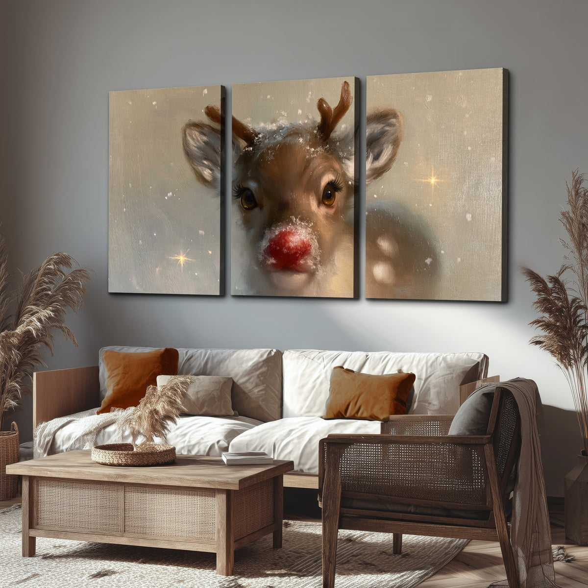 A young reindeer with a bright red nose surrounded by soft snowflakes and tiny painted stars 3 piece canvas wall art displayed in a rustic living room