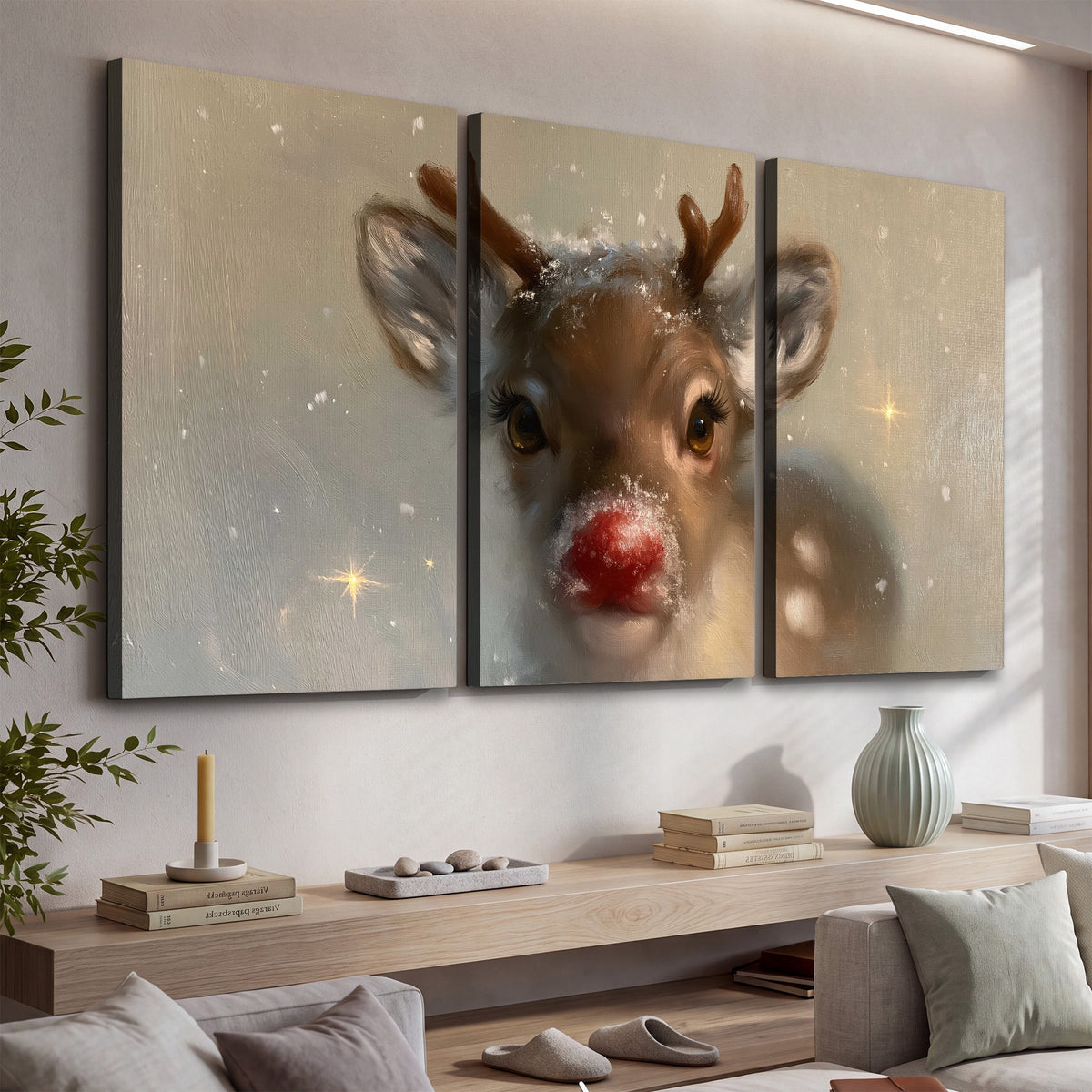 A young reindeer with a bright red nose surrounded by soft snowflakes and tiny painted stars 3 piece canvas wall art displayed in a console