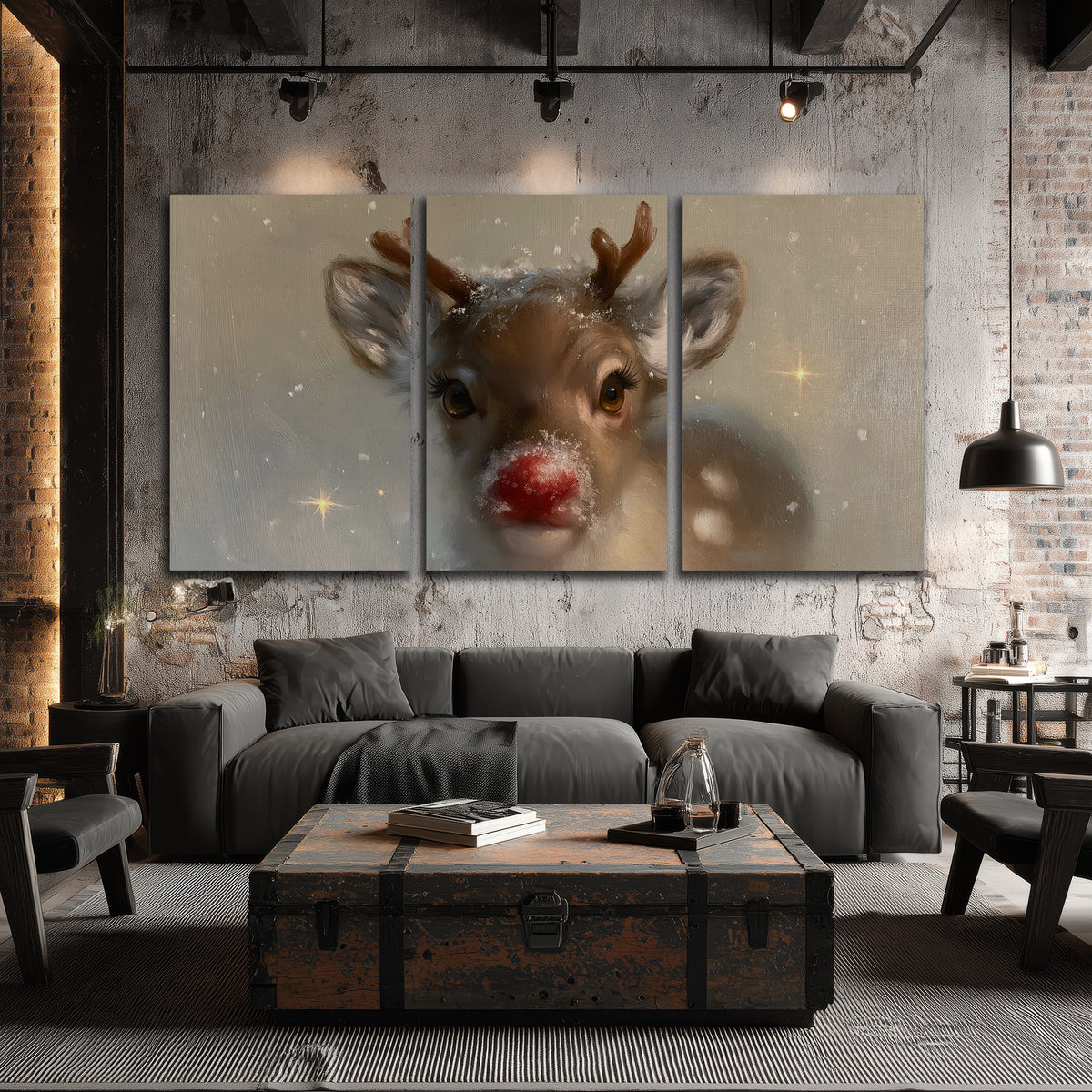 A young reindeer with a bright red nose surrounded by soft snowflakes and tiny painted stars 3 piece canvas wall art displayed in a industrial room