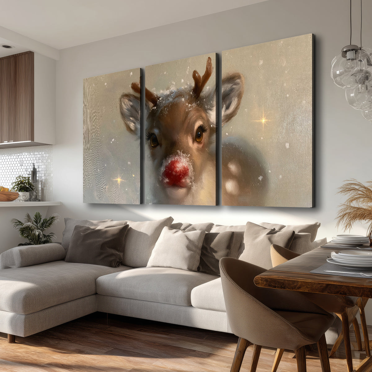 A young reindeer with a bright red nose surrounded by soft snowflakes and tiny painted stars 3 piece canvas wall art room and product view