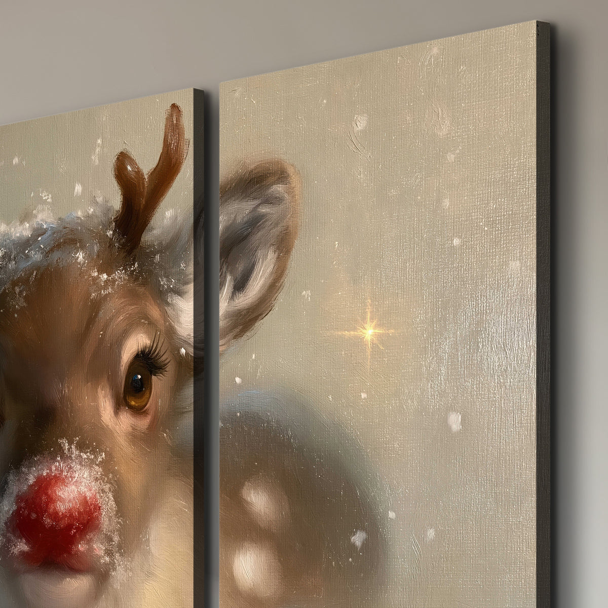 A young reindeer with a bright red nose surrounded by soft snowflakes and tiny painted stars 3 piece canvas wall art room and product view