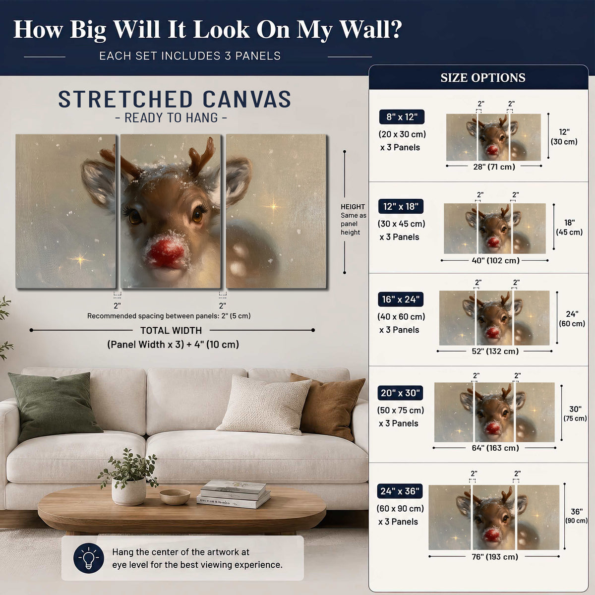 A young reindeer with a bright red nose surrounded by soft snowflakes and tiny painted stars 3 piece canvas wall art size guide above a sofa; room view is illustrative