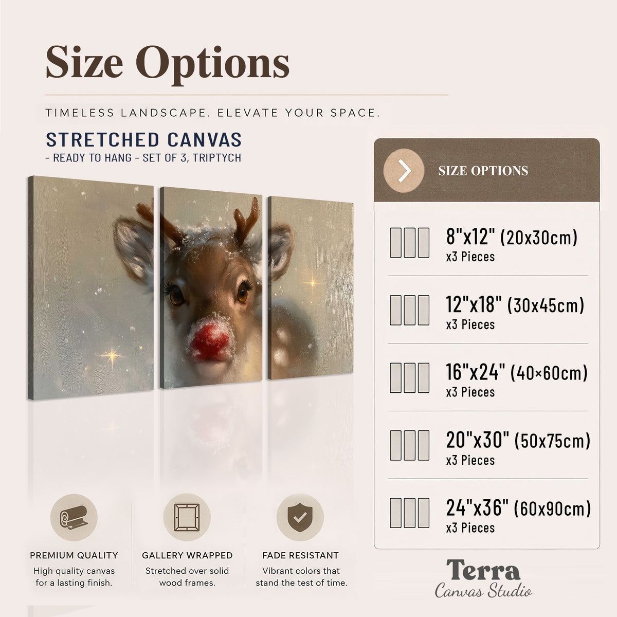 A young reindeer with a bright red nose surrounded by soft snowflakes and tiny painted stars 3 piece canvas wall art available dimensions; triptych dimensions are per panel