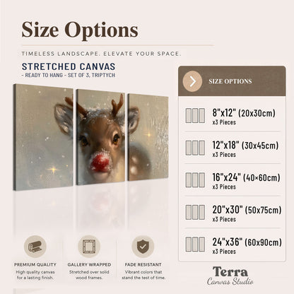A young reindeer with a bright red nose surrounded by soft snowflakes and tiny painted stars 3 piece canvas wall art available dimensions; triptych dimensions are per panel