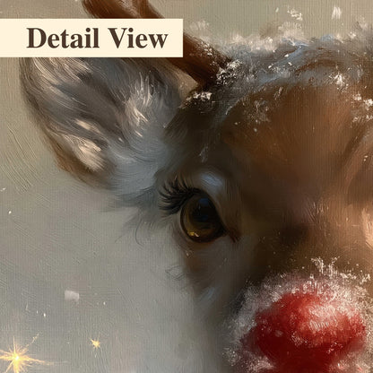 A young reindeer with a bright red nose surrounded by soft snowflakes and tiny painted stars 3 piece canvas wall art artwork detail close up