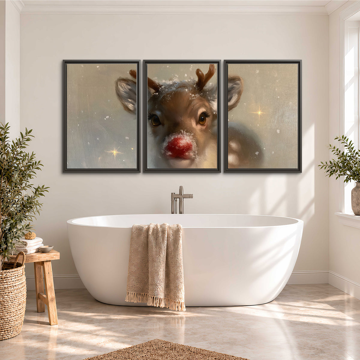 A young reindeer with a bright red nose surrounded by soft snowflakes and tiny painted stars 3 piece framed canvas wall art styled in an interior
