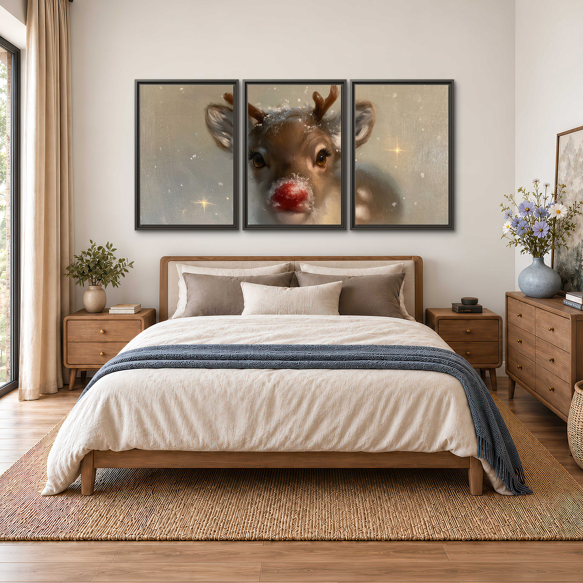 A young reindeer with a bright red nose surrounded by soft snowflakes and tiny painted stars 3 piece framed canvas wall art styled in an interior
