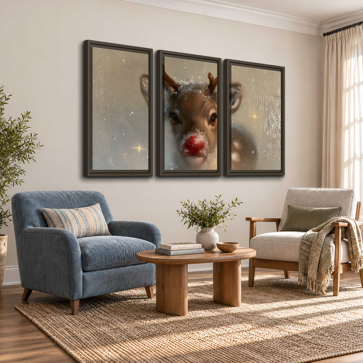 A young reindeer with a bright red nose surrounded by soft snowflakes and tiny painted stars 3 piece framed canvas wall art styled in an interior