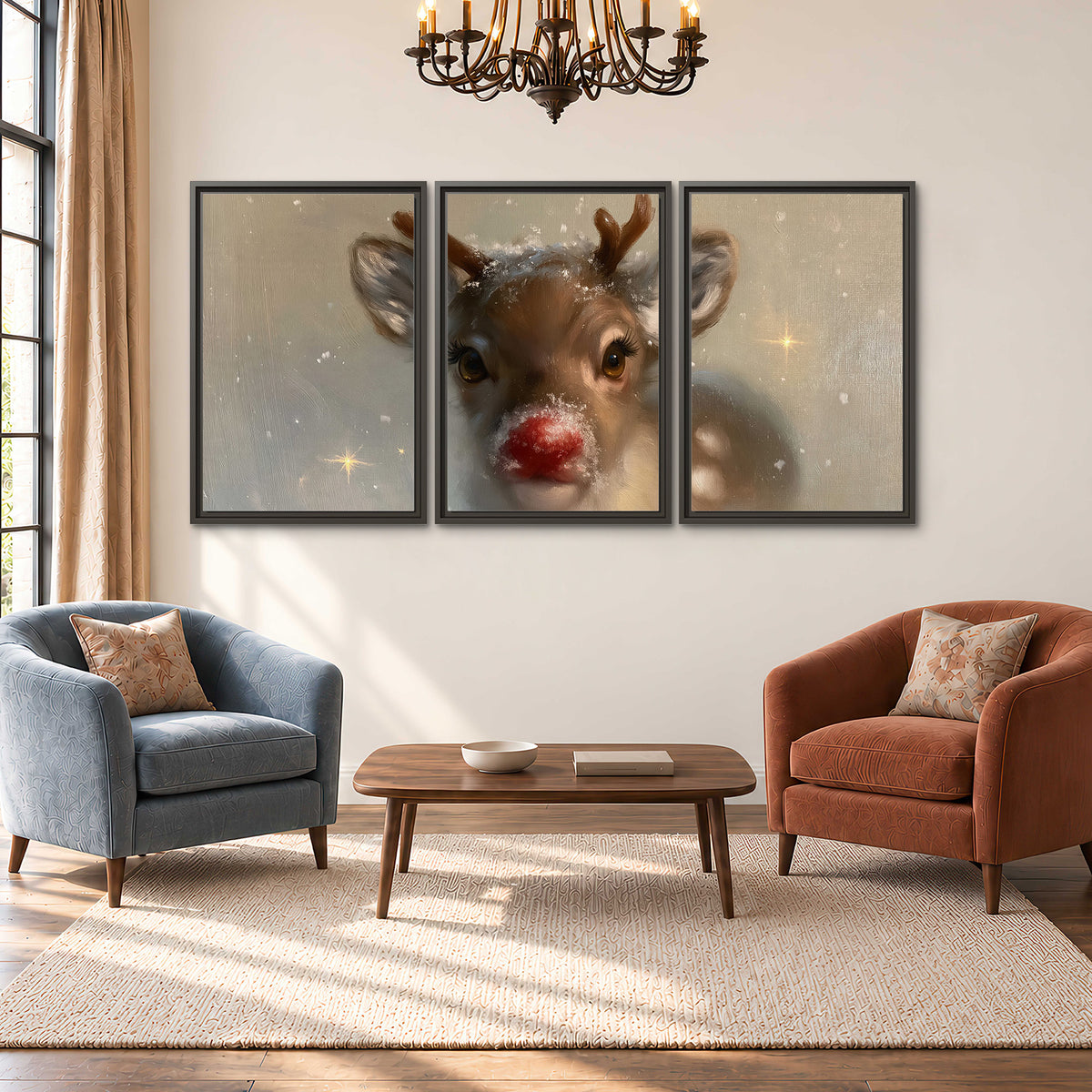 A young reindeer with a bright red nose surrounded by soft snowflakes and tiny painted stars 3 piece framed canvas wall art styled in an interior