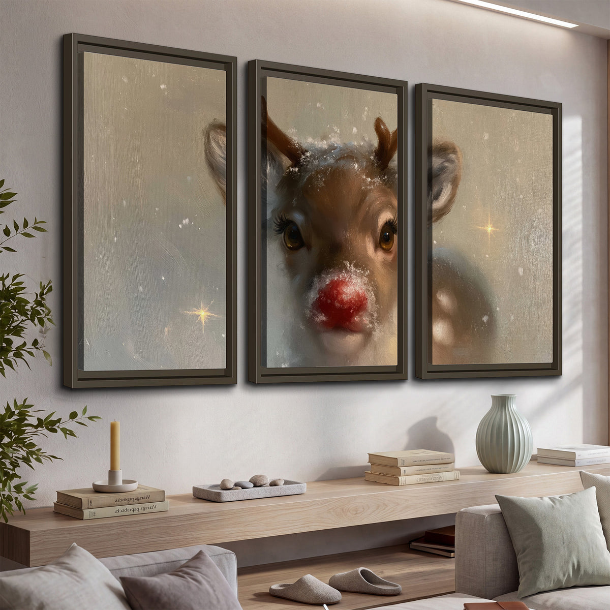A young reindeer with a bright red nose surrounded by soft snowflakes and tiny painted stars 3 piece framed canvas wall art displayed in a console