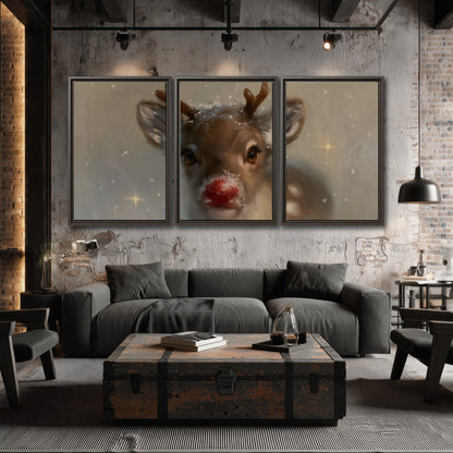 A young reindeer with a bright red nose surrounded by soft snowflakes and tiny painted stars 3 piece framed canvas wall art displayed in a industrial room