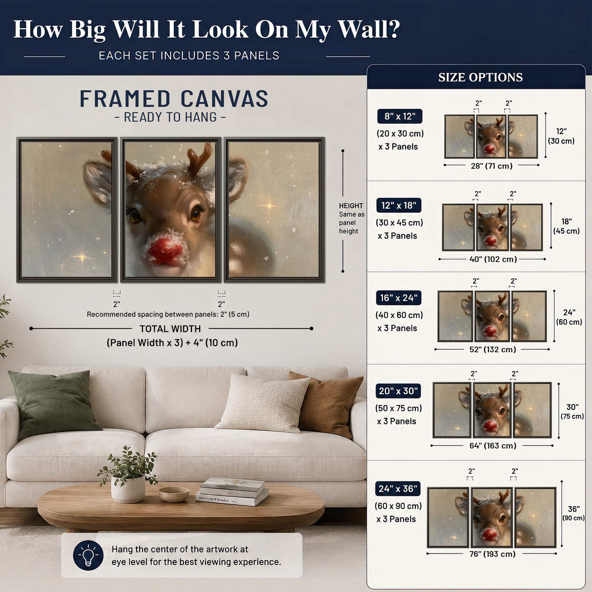 A young reindeer with a bright red nose surrounded by soft snowflakes and tiny painted stars 3 piece framed canvas wall art size guide above a sofa; room view is illustrative
