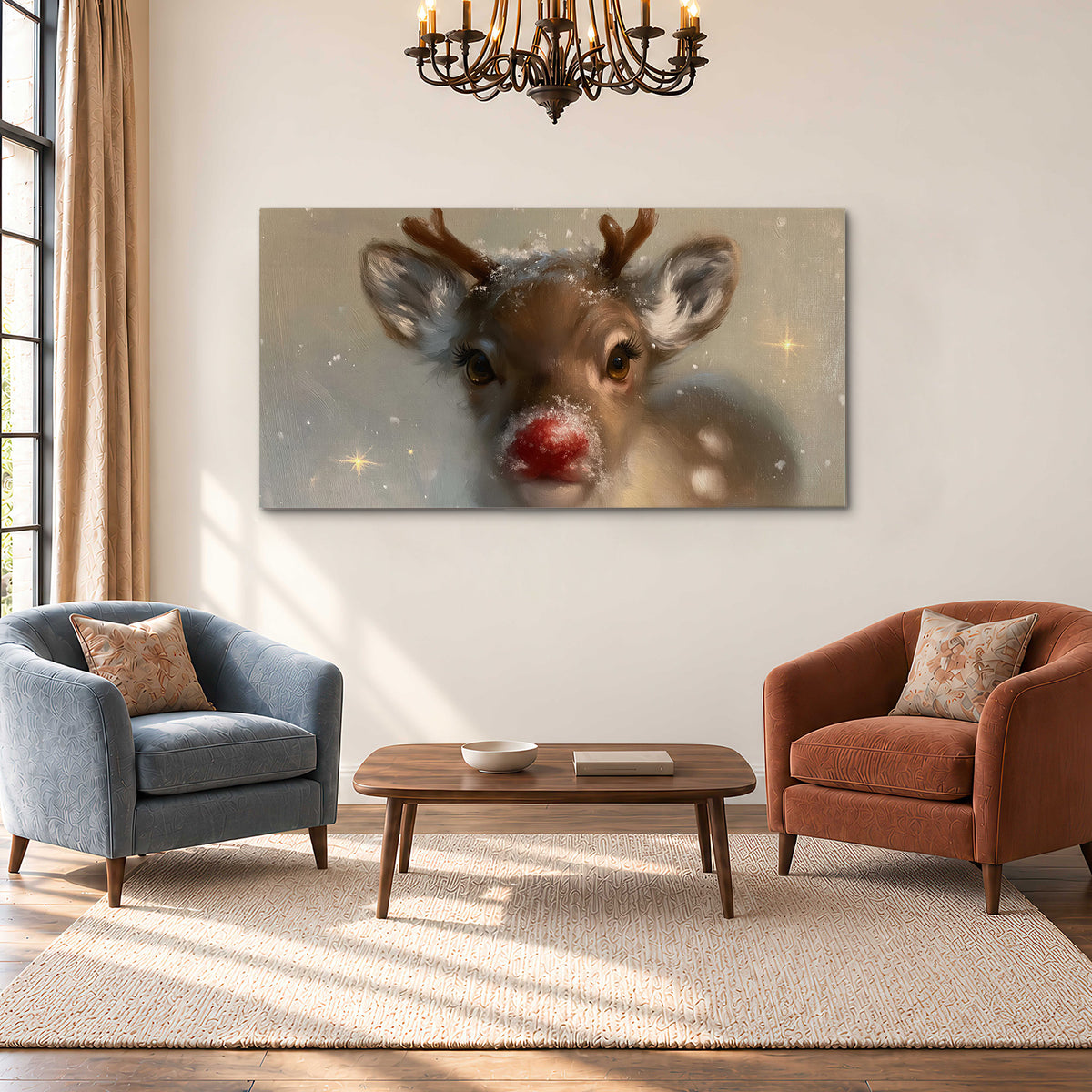 A young reindeer with a bright red nose surrounded by soft snowflakes and tiny painted stars single canvas wall art styled in an interior
