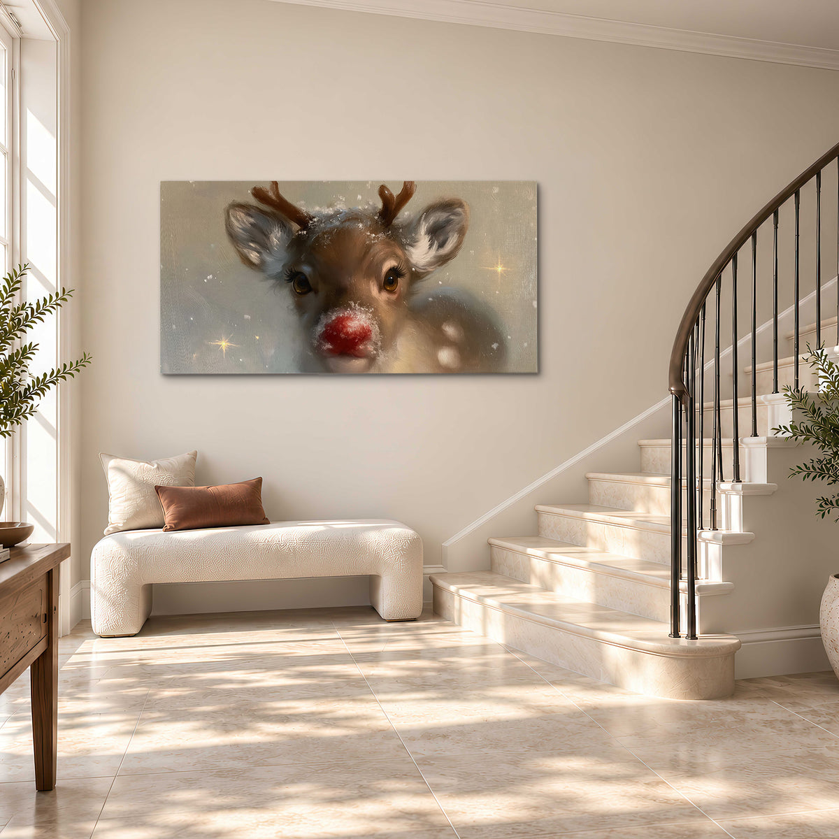 A young reindeer with a bright red nose surrounded by soft snowflakes and tiny painted stars single canvas wall art styled in an interior