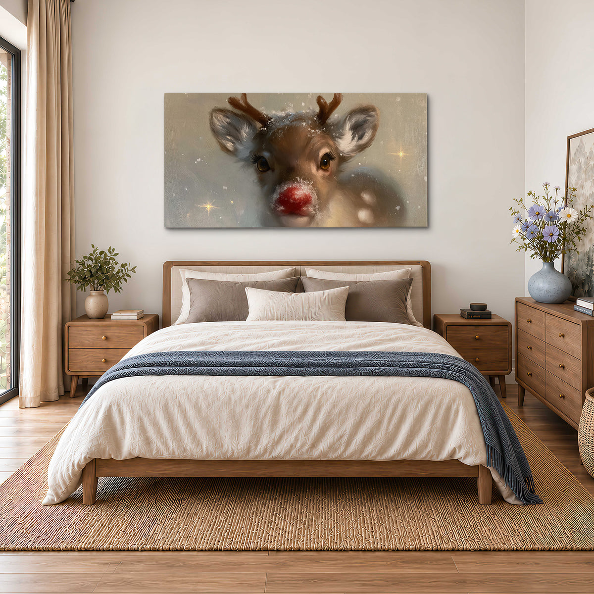 A young reindeer with a bright red nose surrounded by soft snowflakes and tiny painted stars single canvas wall art styled in an interior