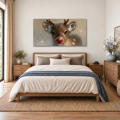 A young reindeer with a bright red nose surrounded by soft snowflakes and tiny painted stars single canvas wall art styled in an interior