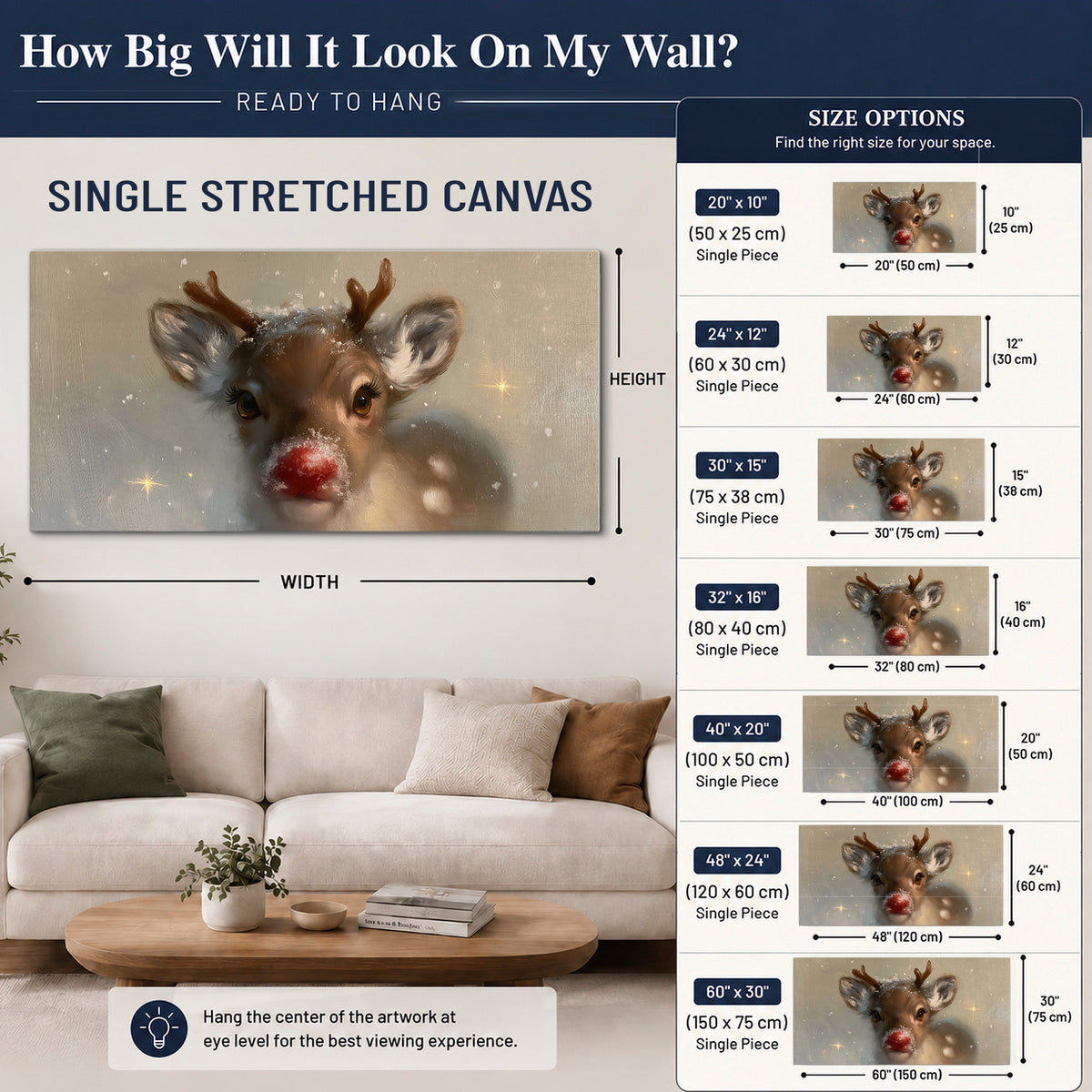 A young reindeer with a bright red nose surrounded by soft snowflakes and tiny painted stars single canvas wall art size guide above a sofa; room view is illustrative
