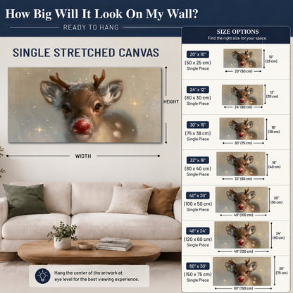A young reindeer with a bright red nose surrounded by soft snowflakes and tiny painted stars single canvas wall art size guide above a sofa; room view is illustrative