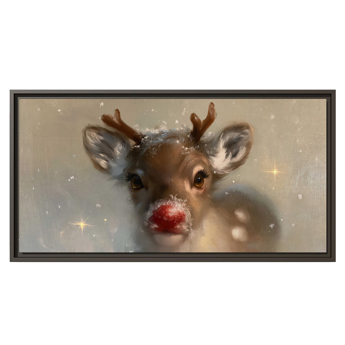 A young reindeer with a bright red nose surrounded by soft snowflakes and tiny painted stars single framed canvas wall art viewed straight on