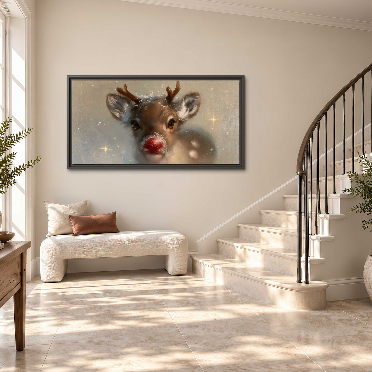 A young reindeer with a bright red nose surrounded by soft snowflakes and tiny painted stars single framed canvas wall art styled in an interior