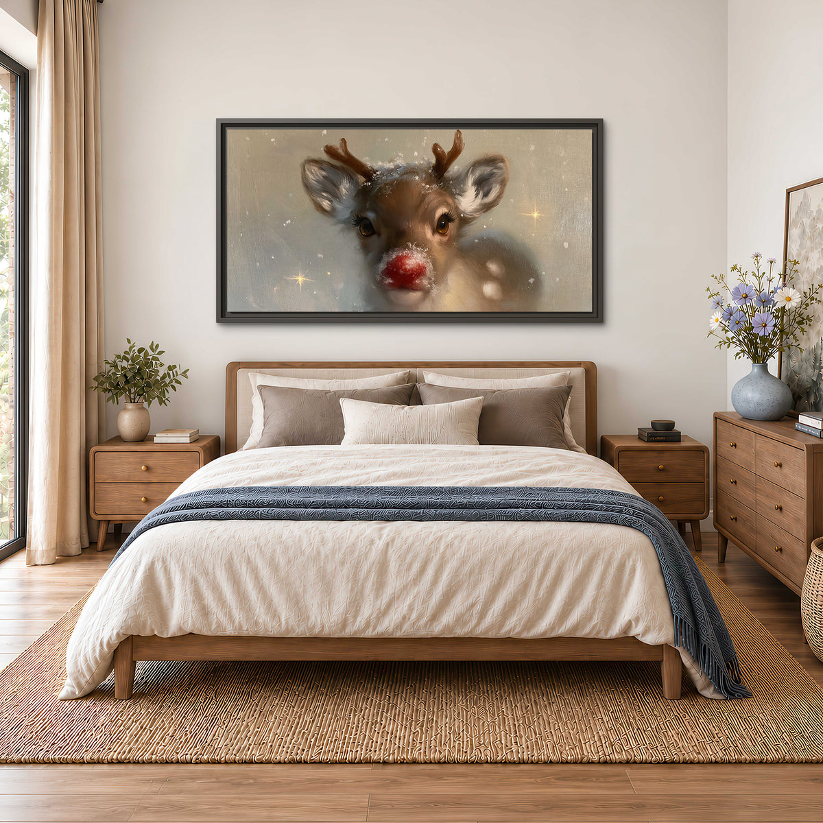 A young reindeer with a bright red nose surrounded by soft snowflakes and tiny painted stars single framed canvas wall art styled in an interior