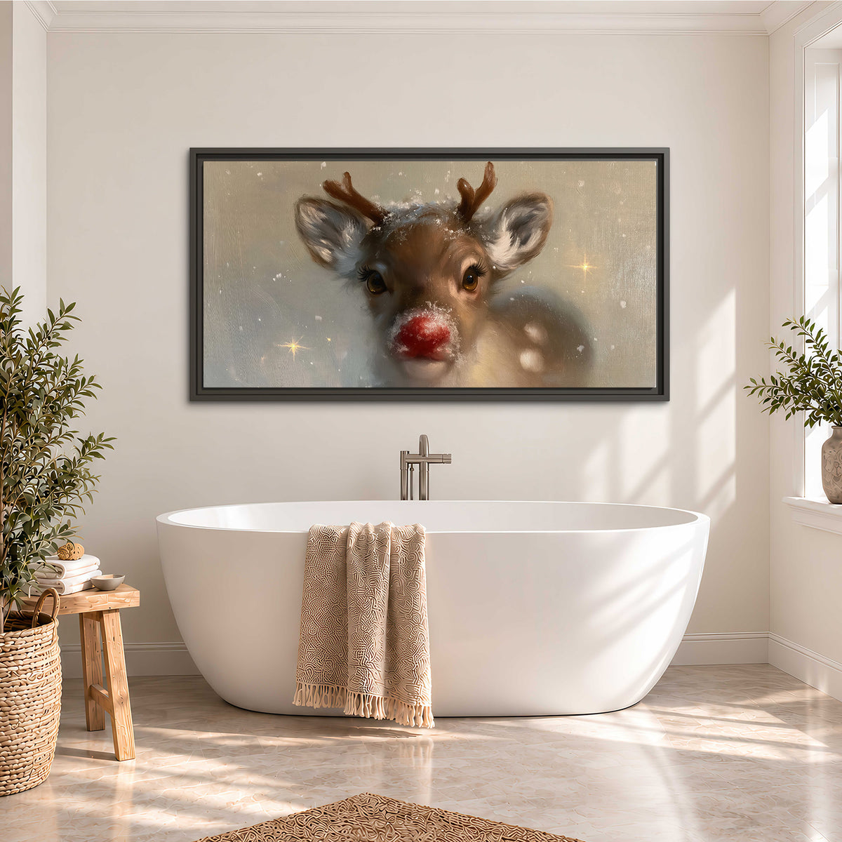 A young reindeer with a bright red nose surrounded by soft snowflakes and tiny painted stars single framed canvas wall art styled in an interior