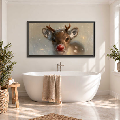 A young reindeer with a bright red nose surrounded by soft snowflakes and tiny painted stars single framed canvas wall art styled in an interior