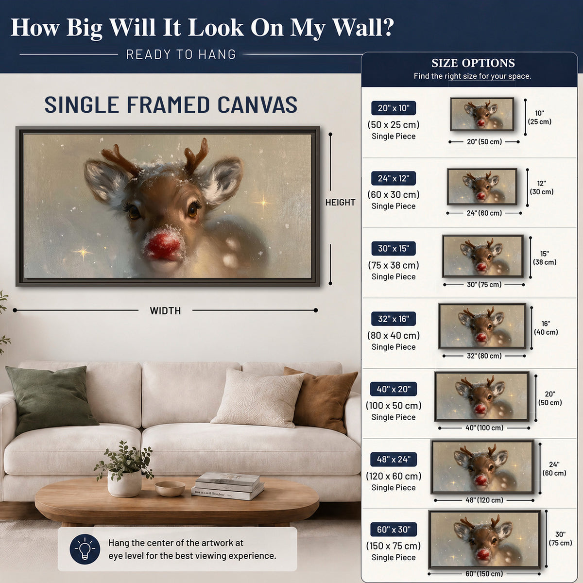 A young reindeer with a bright red nose surrounded by soft snowflakes and tiny painted stars single framed canvas wall art size guide above a sofa; room view is illustrative
