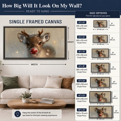 A young reindeer with a bright red nose surrounded by soft snowflakes and tiny painted stars single framed canvas wall art size guide above a sofa; room view is illustrative