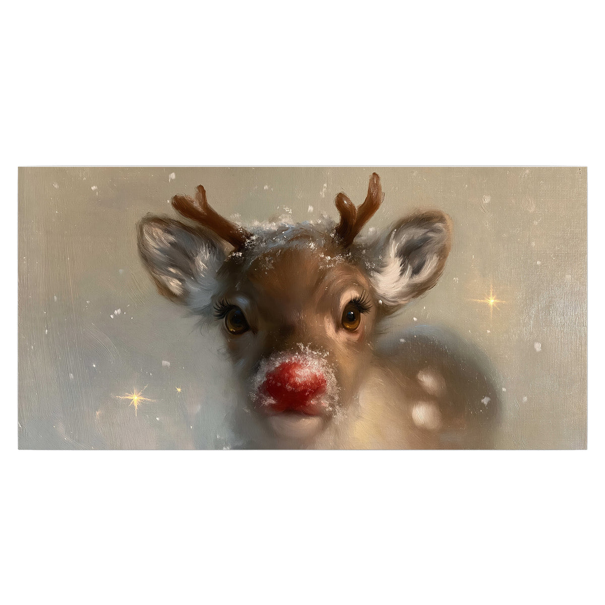 A young reindeer with a bright red nose surrounded by soft snowflakes and tiny painted stars single poster print viewed straight on