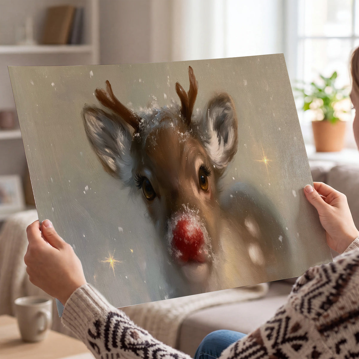 A young reindeer with a bright red nose surrounded by soft snowflakes and tiny painted stars single poster print held in hands