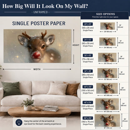 A young reindeer with a bright red nose surrounded by soft snowflakes and tiny painted stars single poster print size guide above a sofa; room view is illustrative