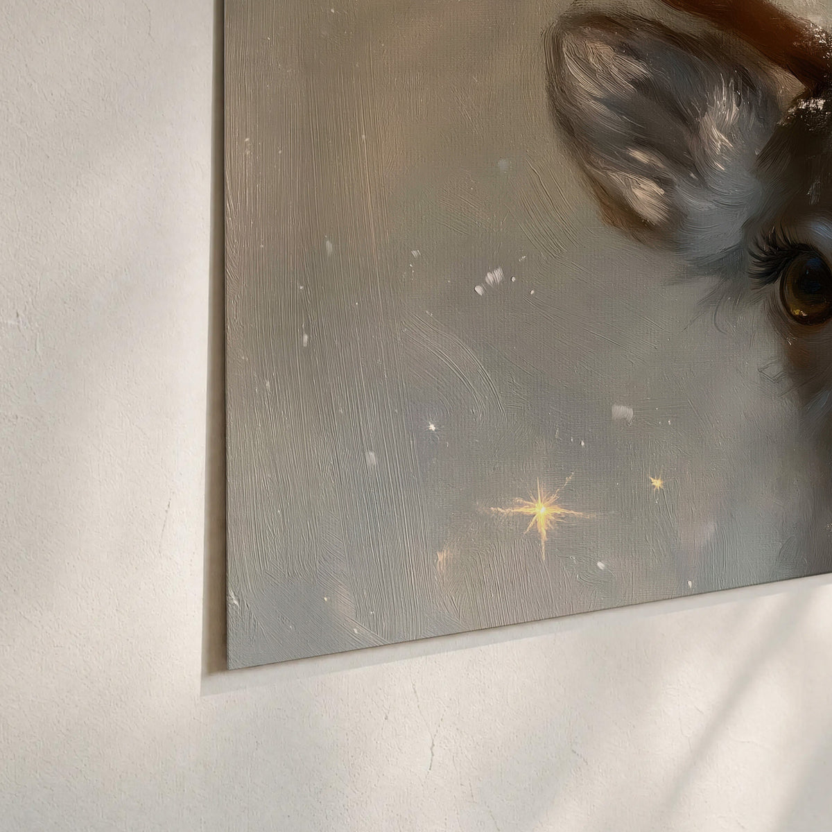 A young reindeer with a bright red nose surrounded by soft snowflakes and tiny painted stars set of 3 poster prints material and edge close up