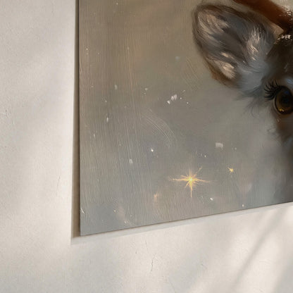 A young reindeer with a bright red nose surrounded by soft snowflakes and tiny painted stars set of 3 poster prints material and edge close up