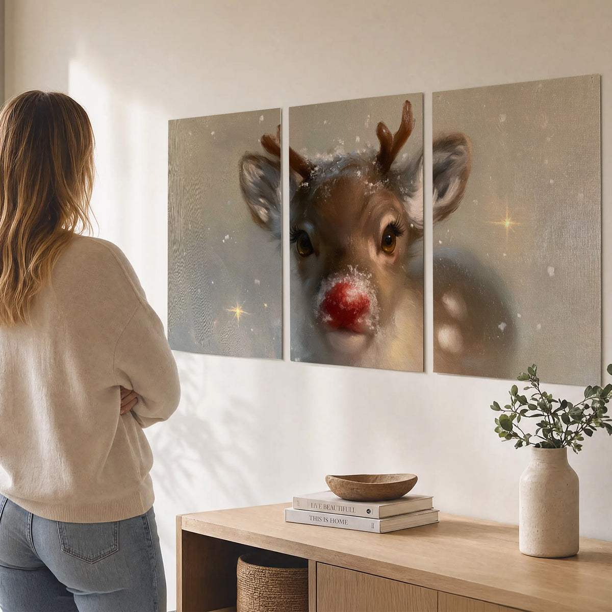 A young reindeer with a bright red nose surrounded by soft snowflakes and tiny painted stars set of 3 poster prints three panel arrangement on a wall