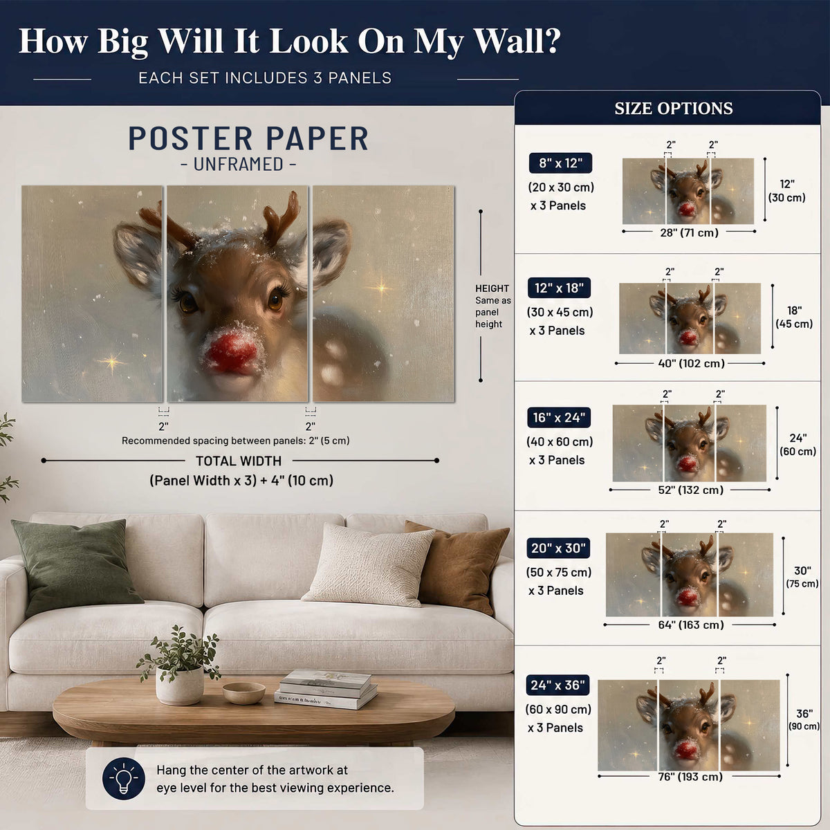 A young reindeer with a bright red nose surrounded by soft snowflakes and tiny painted stars set of 3 poster prints size guide above a sofa; room view is illustrative