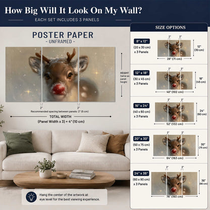 A young reindeer with a bright red nose surrounded by soft snowflakes and tiny painted stars set of 3 poster prints size guide above a sofa; room view is illustrative