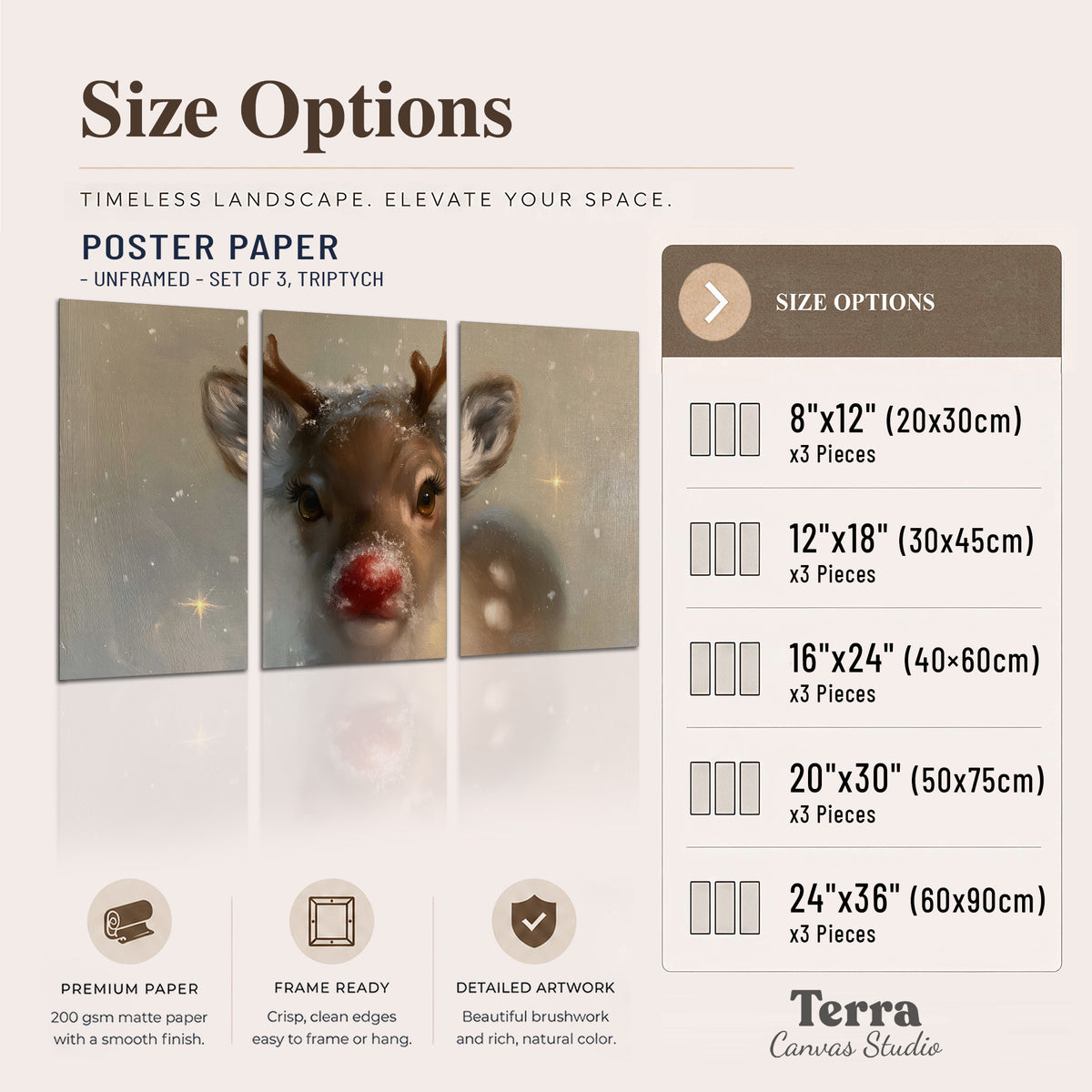 A young reindeer with a bright red nose surrounded by soft snowflakes and tiny painted stars set of 3 poster prints available dimensions; triptych dimensions are per panel
