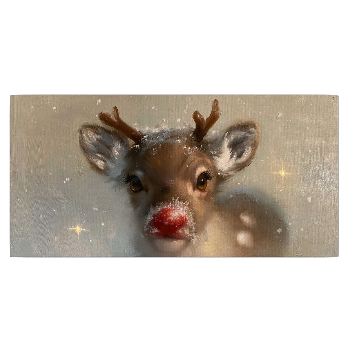A young reindeer with a bright red nose surrounded by soft snowflakes and tiny painted stars single canvas wall art viewed straight on