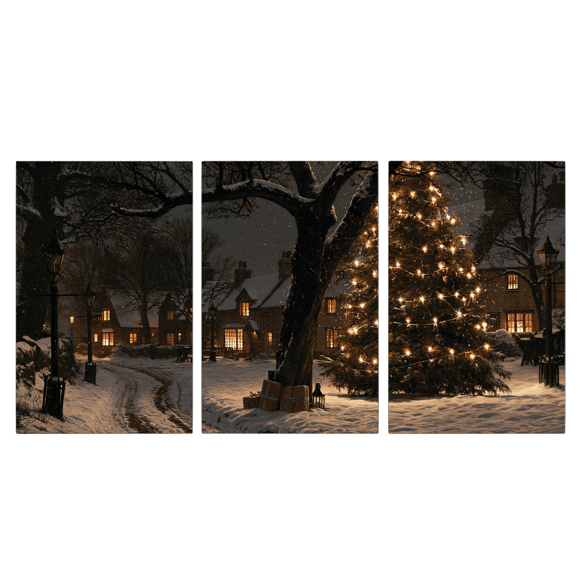A tall illuminated Christmas tree beneath dark branches beside warmly lit snowy cottages 3 piece canvas wall art viewed straight on