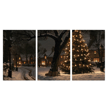 A tall illuminated Christmas tree beneath dark branches beside warmly lit snowy cottages 3 piece canvas wall art viewed straight on