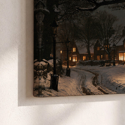 A tall illuminated Christmas tree beneath dark branches beside warmly lit snowy cottages 3 piece canvas wall art material and edge close up