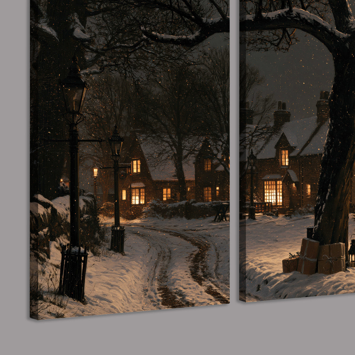 A tall illuminated Christmas tree beneath dark branches beside warmly lit snowy cottages 3 piece canvas wall art room and product view