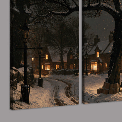 A tall illuminated Christmas tree beneath dark branches beside warmly lit snowy cottages 3 piece canvas wall art room and product view
