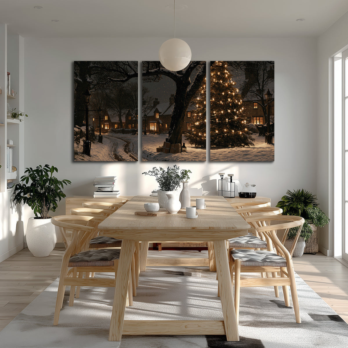 A tall illuminated Christmas tree beneath dark branches beside warmly lit snowy cottages 3 piece canvas wall art room and product view