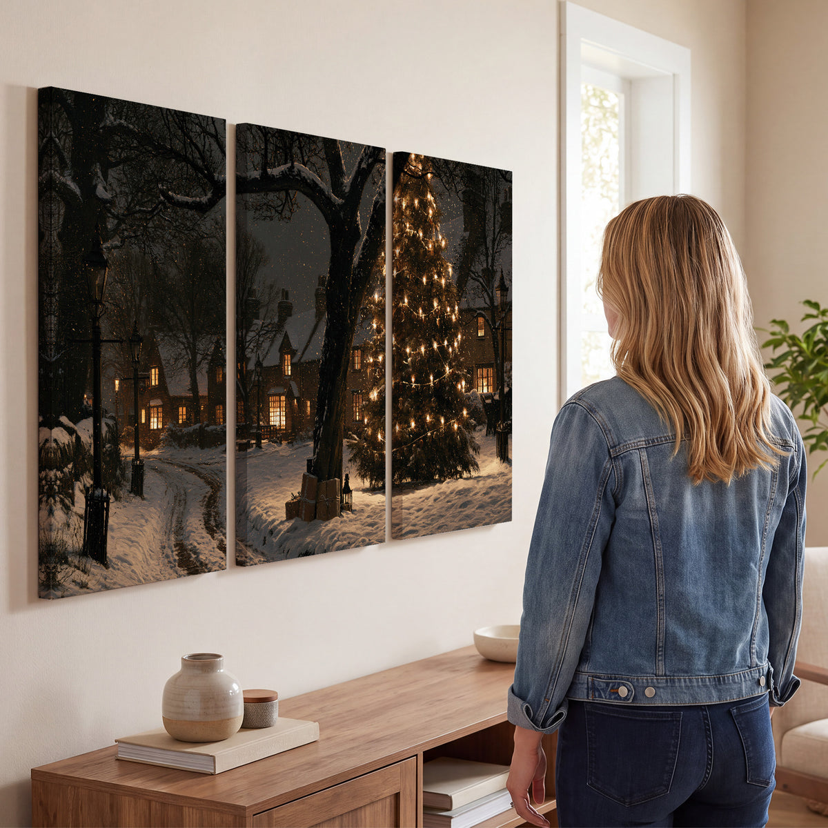 A tall illuminated Christmas tree beneath dark branches beside warmly lit snowy cottages 3 piece canvas wall art three panel arrangement on a wall