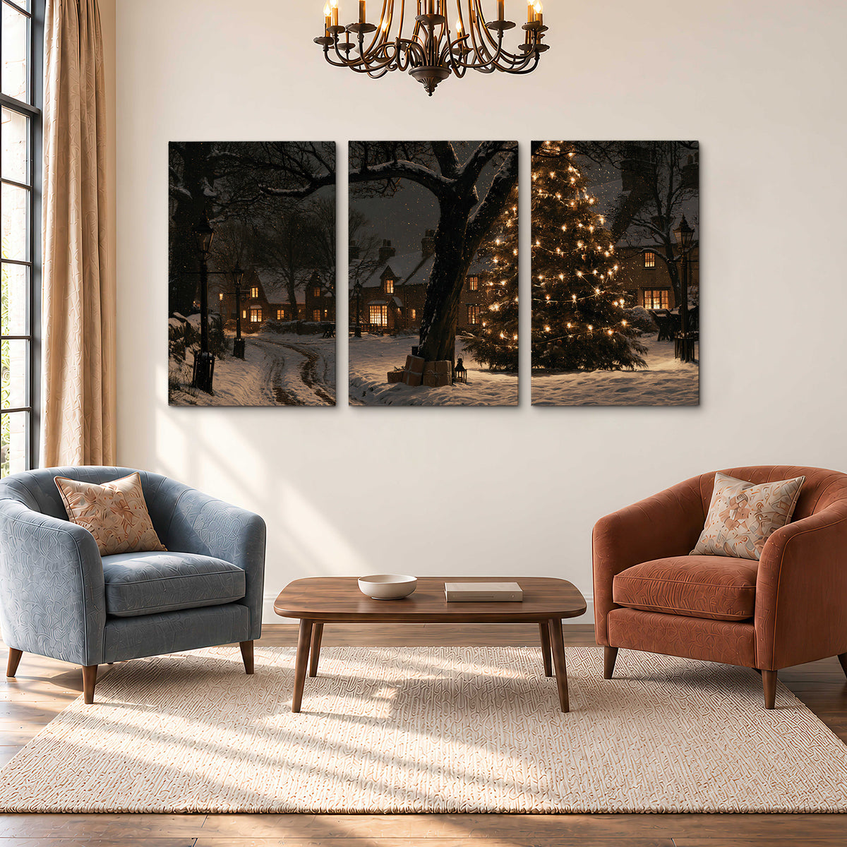 A tall illuminated Christmas tree beneath dark branches beside warmly lit snowy cottages 3 piece canvas wall art styled in an interior