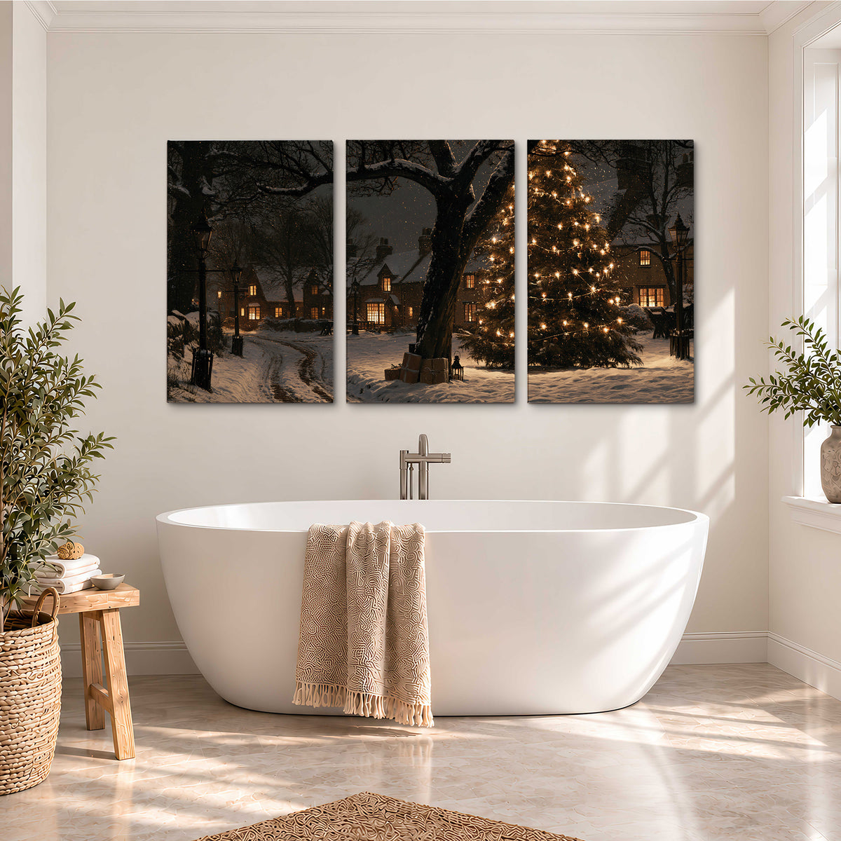 A tall illuminated Christmas tree beneath dark branches beside warmly lit snowy cottages 3 piece canvas wall art styled in an interior