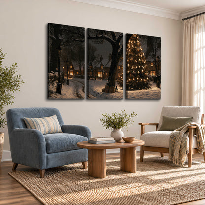 A tall illuminated Christmas tree beneath dark branches beside warmly lit snowy cottages 3 piece canvas wall art styled in an interior
